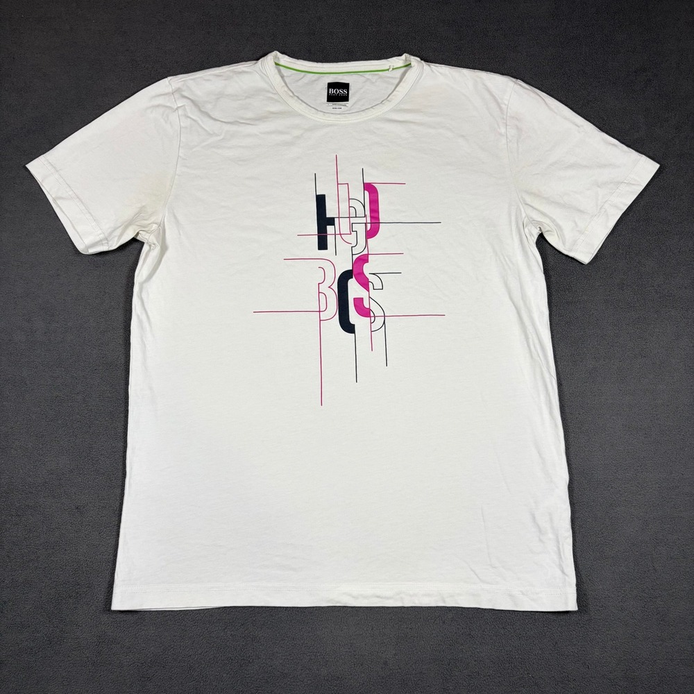BOSS Hugo Boss T-Shirt Mens Large White Graphic Tee Short Sleeve Cotton Shirt